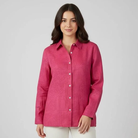 Chico's Tops - Chico's Women's Pink Linen-Blend Burnout Long Sleeve Button Front Blouse Size 2